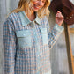 Put Together Turquoise Twill Banded Snap Button Jacket