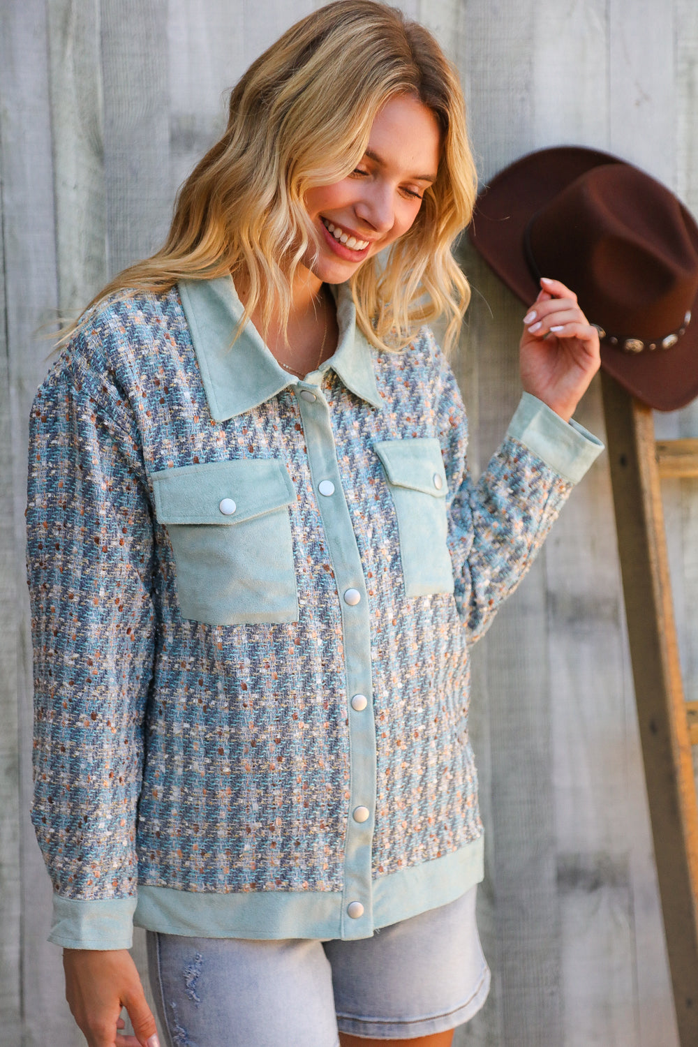 Put Together Turquoise Twill Banded Snap Button Jacket