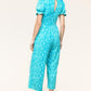 PLUS Spring Vibes Aqua Ikat Print Ruffle Sleeve Wide Leg Jumpsuit