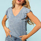 Denim Two Tone V Neck Ruffle Sleeve Top