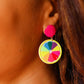 Fuchsia Beaded Stud Multicolor Wood Dangle Earrings