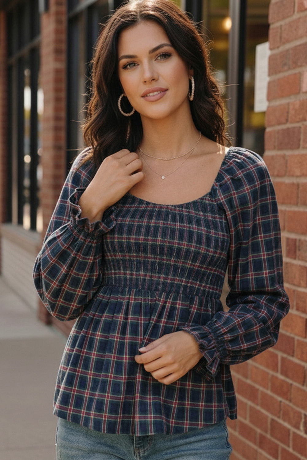 Sweetheart Smocked Navy Plaid Top