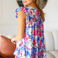 Sky Blue Floral Yoke Flutter Sleeve Keyhole Back Top