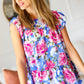 Sky Blue Floral Yoke Flutter Sleeve Keyhole Back Top