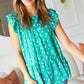 Mint Floral Yoke Flutter Sleeve Keyhole Back Top