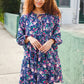 Feeling Joyful Navy Floral Bow Tie Babydoll Long Ruffle Sleeve Dress