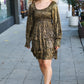 Dazzling Black Gold Foiled Smocked Fit & Flare Dress