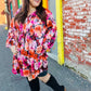 Diva Dreams Coral & Charcoal Floral Tie Neck Pintuck Satin Dress