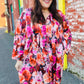 Diva Dreams Coral & Charcoal Floral Tie Neck Pintuck Satin Dress