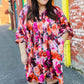 Diva Dreams Coral & Charcoal Floral Tie Neck Pintuck Satin Dress
