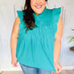 Love Life Cotton Turquoise Frill Mock Neck Flutter Sleeve Top