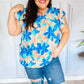Tropical Breeze Turquoise Floral Banded V Neck Flutter Sleeve Top