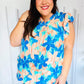 Tropical Breeze Turquoise Floral Banded V Neck Flutter Sleeve Top