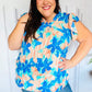 Tropical Breeze Turquoise Floral Banded V Neck Flutter Sleeve Top