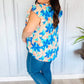 Tropical Breeze Turquoise Floral Banded V Neck Flutter Sleeve Top