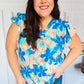 Tropical Breeze Turquoise Floral Banded V Neck Flutter Sleeve Top
