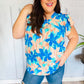 Tropical Breeze Turquoise Floral Banded V Neck Flutter Sleeve Top