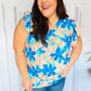 Tropical Breeze Turquoise Floral Banded V Neck Flutter Sleeve Top