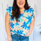 Tropical Breeze Turquoise Floral Banded V Neck Flutter Sleeve Top
