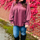 Be Your Best Wine Satin Shirred Yoke Frilled Mock Neck Top