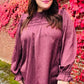 Be Your Best Wine Satin Shirred Yoke Frilled Mock Neck Top