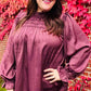 Be Your Best Wine Satin Shirred Yoke Frilled Mock Neck Top
