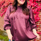 Be Your Best Wine Satin Shirred Yoke Frilled Mock Neck Top