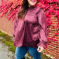 Be Your Best Wine Satin Shirred Yoke Frilled Mock Neck Top