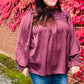 Be Your Best Wine Satin Shirred Yoke Frilled Mock Neck Top