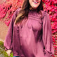 Be Your Best Wine Satin Shirred Yoke Frilled Mock Neck Top