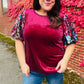 Diva Dreams Wine Floral Sequin Puff Sleeve Velvet Top