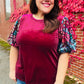 Diva Dreams Wine Floral Sequin Puff Sleeve Velvet Top