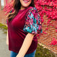 Diva Dreams Wine Floral Sequin Puff Sleeve Velvet Top