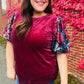 Diva Dreams Wine Floral Sequin Puff Sleeve Velvet Top