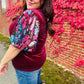 Diva Dreams Wine Floral Sequin Puff Sleeve Velvet Top