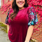 Diva Dreams Wine Floral Sequin Puff Sleeve Velvet Top