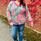 Beautiful You Vintage Teal Floral Print V Neck Hacci Knit Sweater