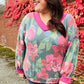 Beautiful You Vintage Teal Floral Print V Neck Hacci Knit Sweater