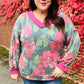 Beautiful You Vintage Teal Floral Print V Neck Hacci Knit Sweater