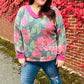 Beautiful You Vintage Teal Floral Print V Neck Hacci Knit Sweater