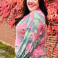 Beautiful You Vintage Teal Floral Print V Neck Hacci Knit Sweater