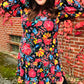 Lock Eyes Black Floral Sequin Print Ruffle Sleeve Frill Mock Neck Dress