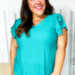 Eyes On You Teal Scalloped V Neck Tulip Sleeve Top