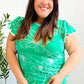 Follow Me Emerald Floral Ric Rac Trim Flutter Sleeve Top