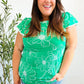 Follow Me Emerald Floral Ric Rac Trim Flutter Sleeve Top