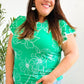 Follow Me Emerald Floral Ric Rac Trim Flutter Sleeve Top