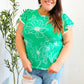 Follow Me Emerald Floral Ric Rac Trim Flutter Sleeve Top