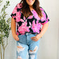 Tropical Vibes Black & Hot Pink Floral V Neck Top