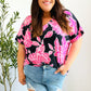 Tropical Vibes Black & Hot Pink Floral V Neck Top