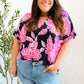 Tropical Vibes Black & Hot Pink Floral V Neck Top